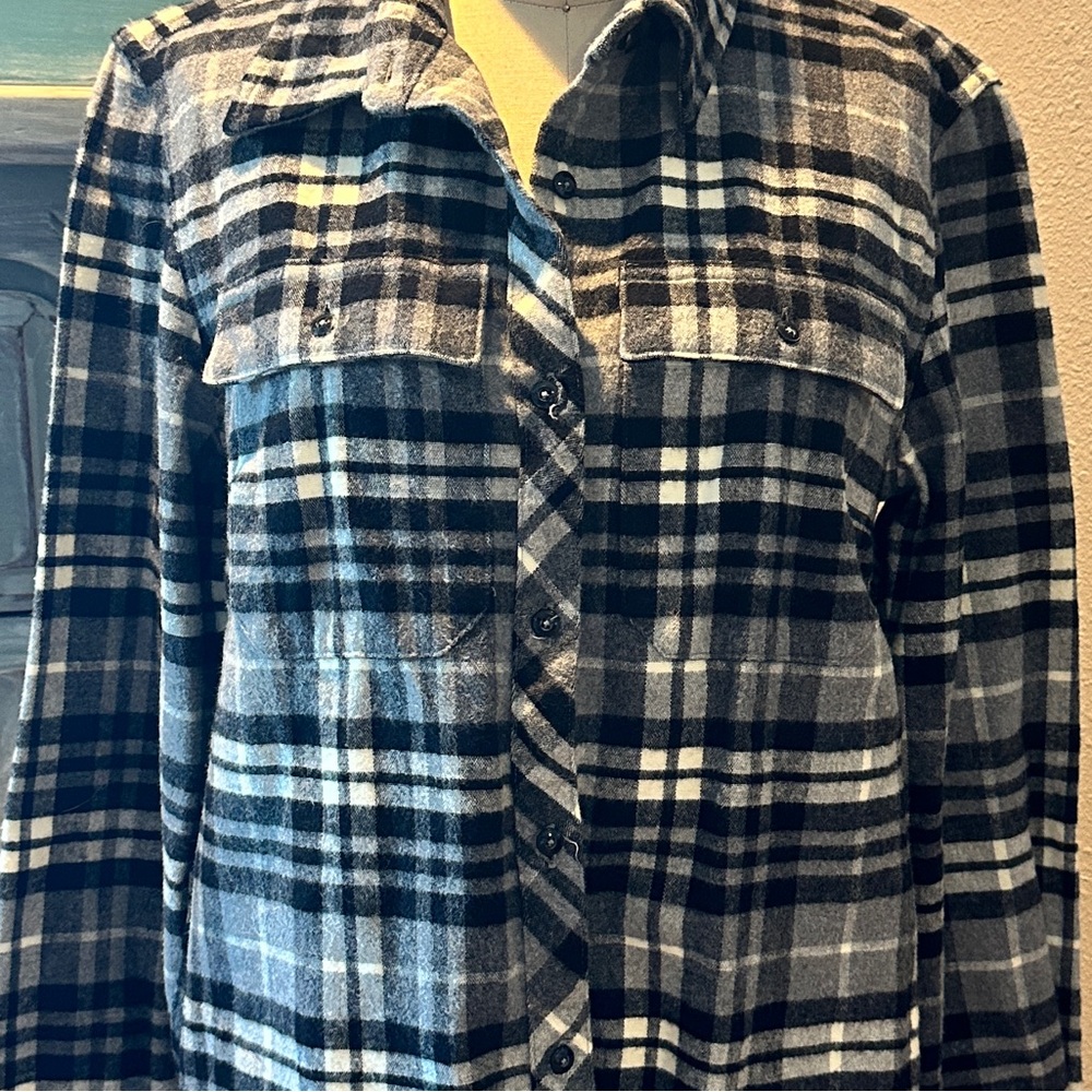 L.L.Bean  Chamois Tunic Plaid Flannel Black Gray Cream - Picture 3 of 6